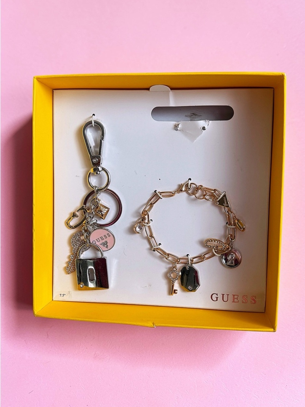Guess Gold-Tone Charm Bracelet and Keychain Set with Pink Accent
